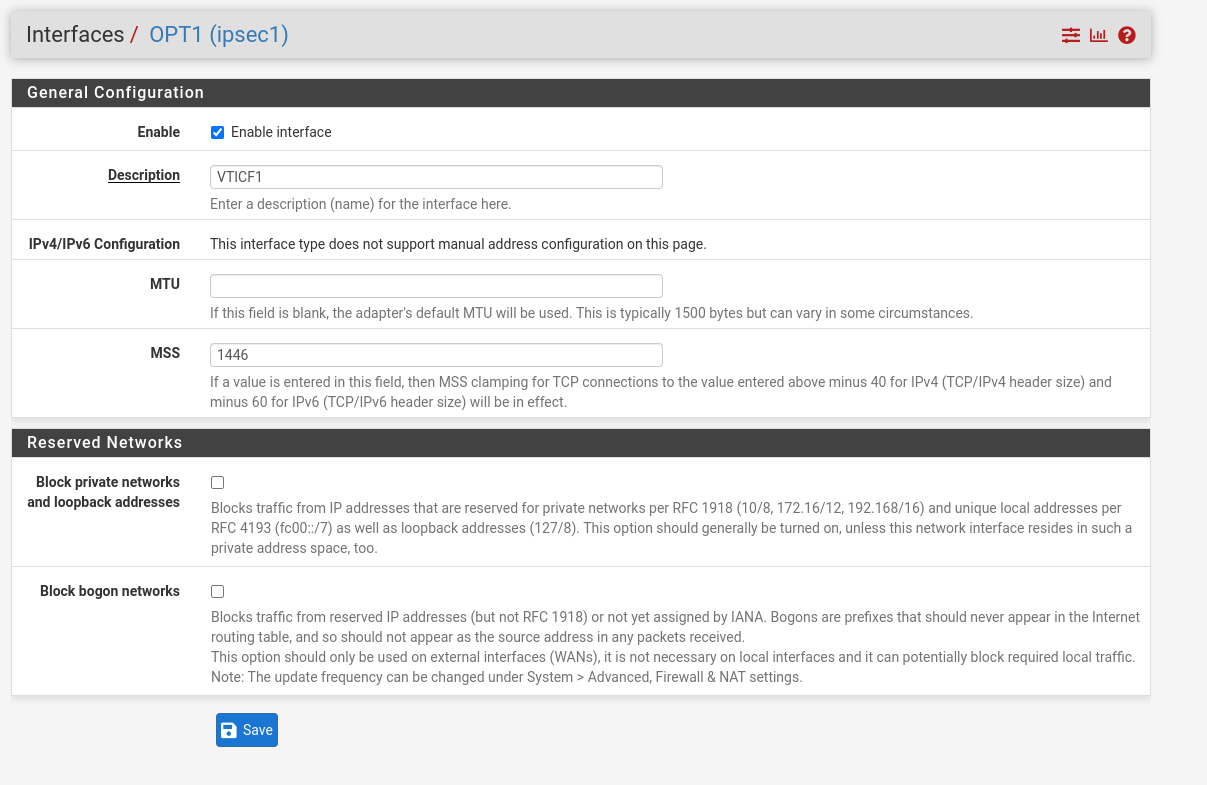 pfSense interface general configuration settings for a route based configuration